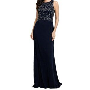 Jackie Jon Navy Blue beaded Art Deco evening gown sleeveless long dress 6 S